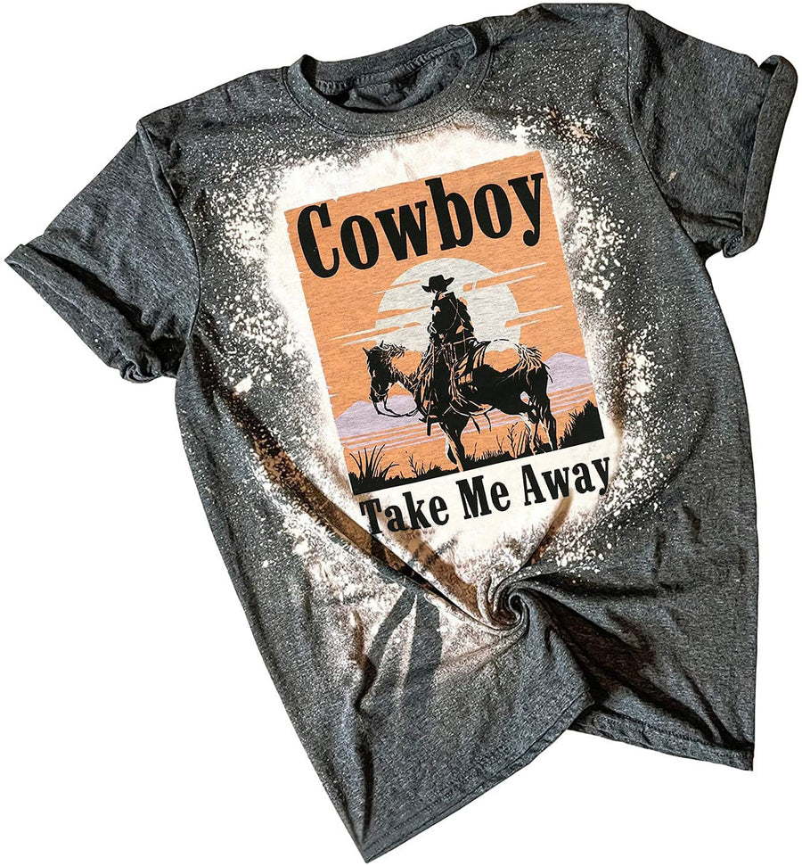 Cowboy Take Me Away T-Shirt for Women Western Cowboy Vintage Graphic Tees Travel Tops (Grey B Medium)