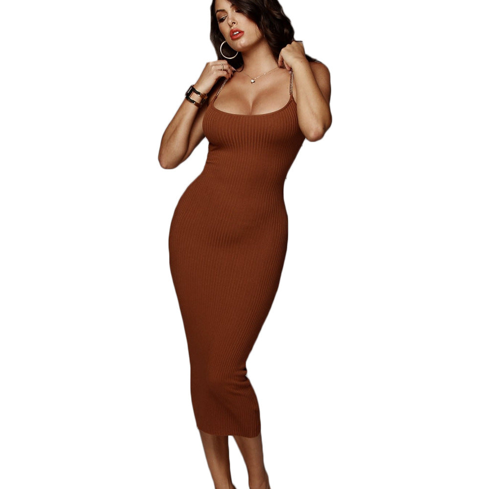Summer Women's Ruched Low-Cut U-Neck Dress with Chain