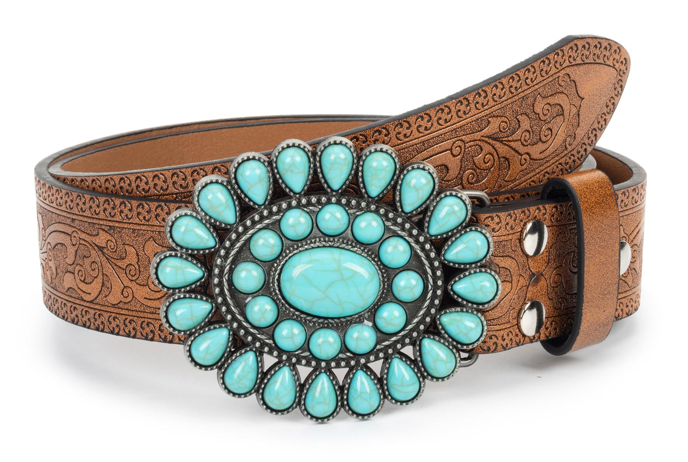 XuoAz Women Western-Leather-Belt Turquoise-Cowboy-Cowgirl-Belts Vintage Country-Belt for Jeans Pants 33"-38"