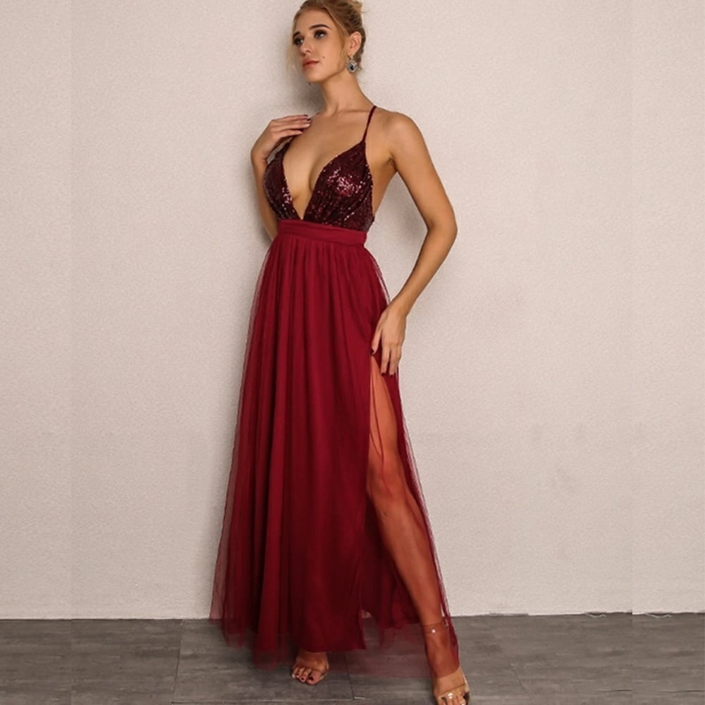 Joyfunear Sequin Top Tulle Dress with Cross Back
