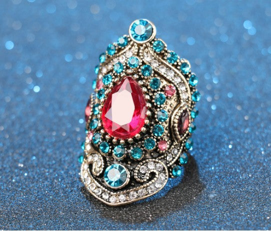 Turkish Gold-Plated Women's Ring with Pink Quartz and Sapphire