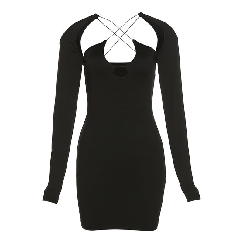 Fashion Hollow Solid Color Long Sleeve Slim Dress