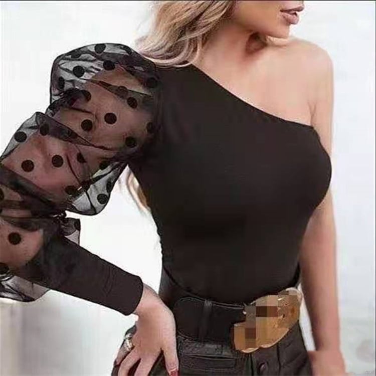 One Shoulder Black Polka Dot Mesh T-Shirt for Women