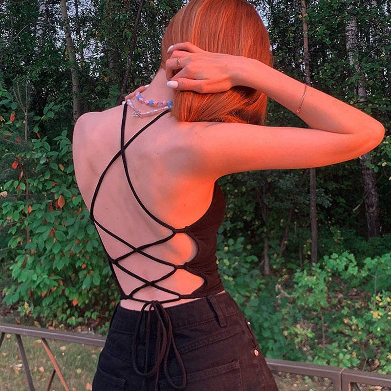 Backless Cross Strap Women's Black Camisole Top