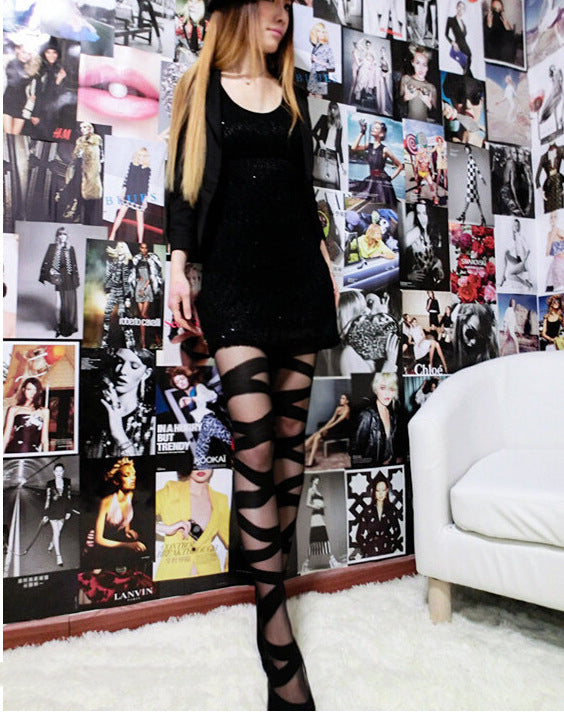 Striped Cross Strap Fashion Pantyhose