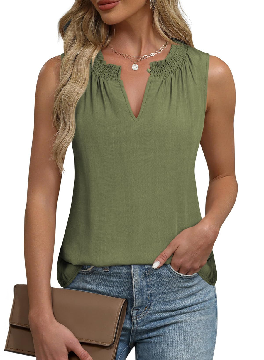 BLENCOT Tank Tops for Women Fashion Smocked V Neck Sleeveless Shirts Summer Work Office Buttons Blouse Green 2XL