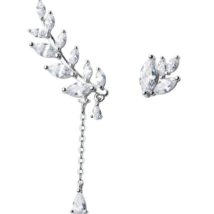 925 Silver Asymmetrical Earrings with Diamond Leaves
