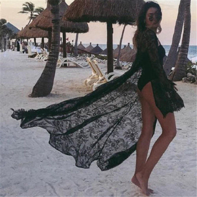 Women's Crochet Lace Long Sleeve Bikini Cover-Up Dress
