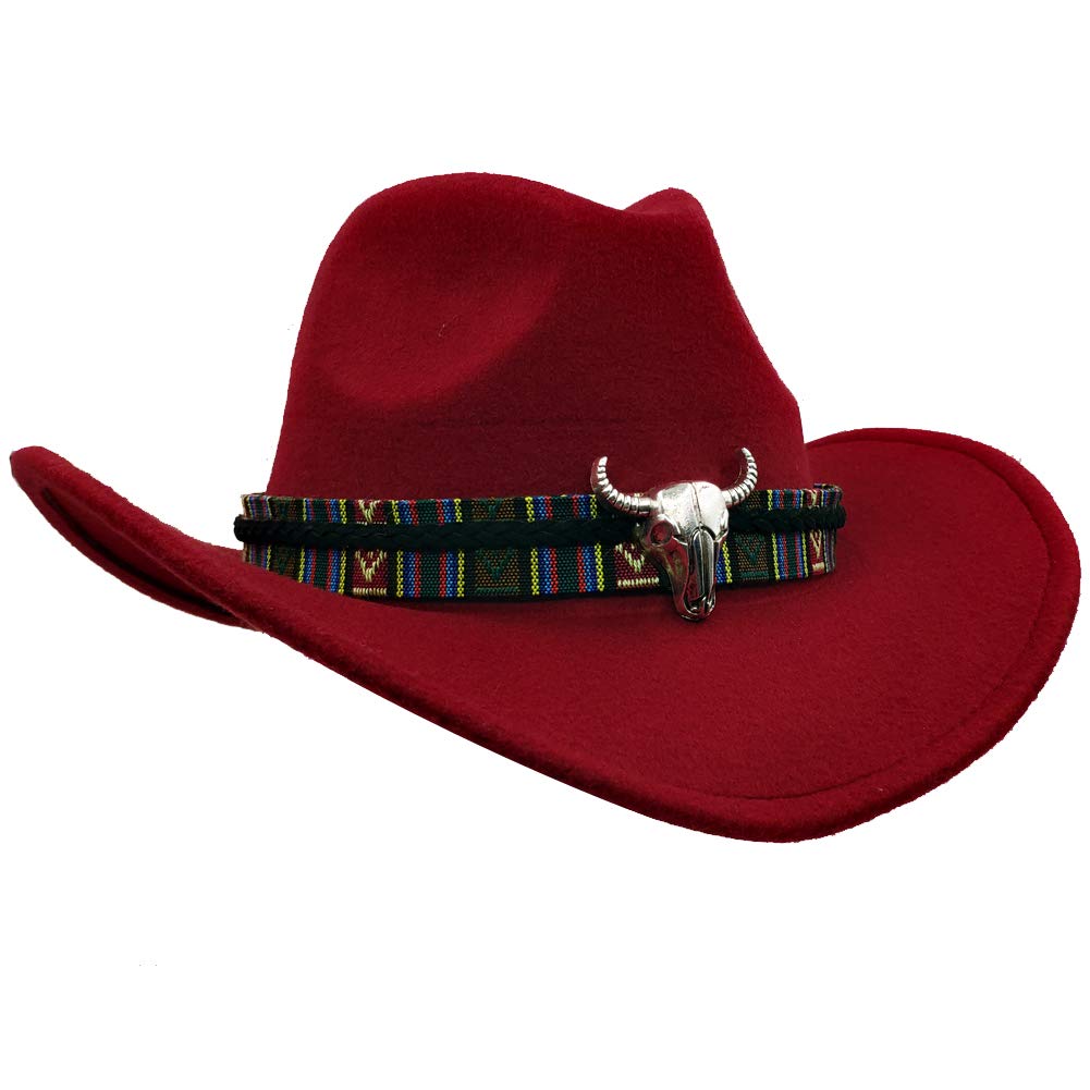 Yosang Wide Brim Men and Womans Western Outback Cowboy Hat with Metal Bull Head Dark Red