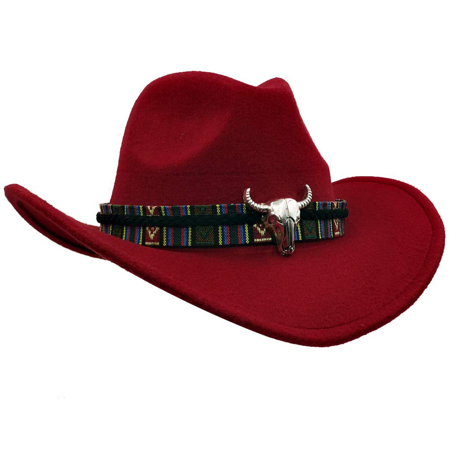 Yosang Wide Brim Men and Womans Western Outback Cowboy Hat with Metal Bull Head Dark Red