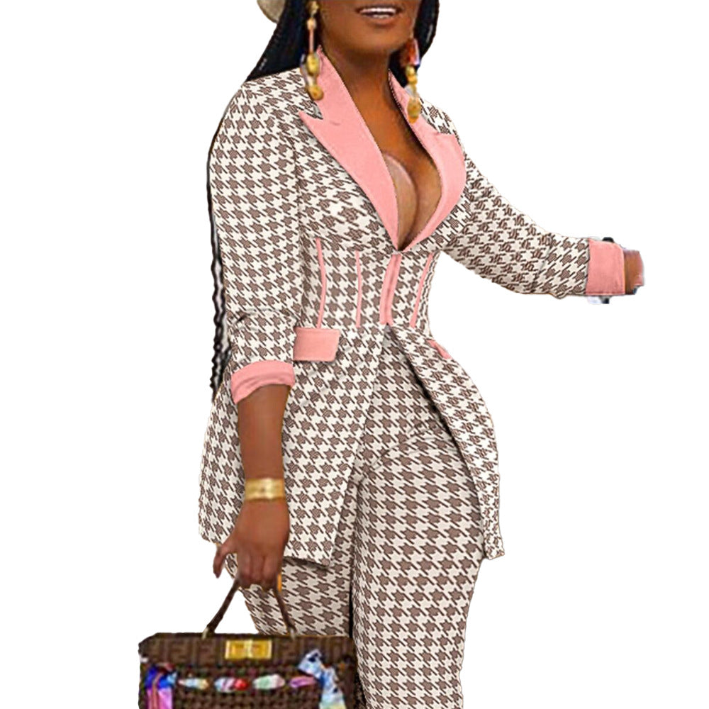 Große Größen Hahnentritt-Blazer- und Hosen-Set für Damen
