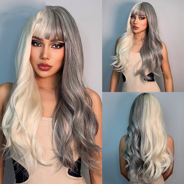 Yin Yang Long Curly Hair with Air Bangs Full Head Cover