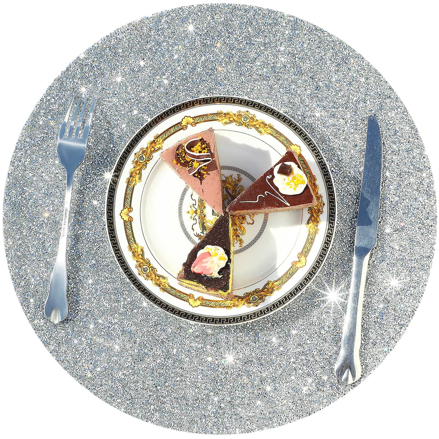 Blulu 4 Pieces Round Rhinestone Placemat 15 Inch Sparkle Place Mats Glitter Bling Placemat Glam Decorative Table Mats Washable for Valentines Day Kitchen Wedding Banquets Table Decoration (Silver)
