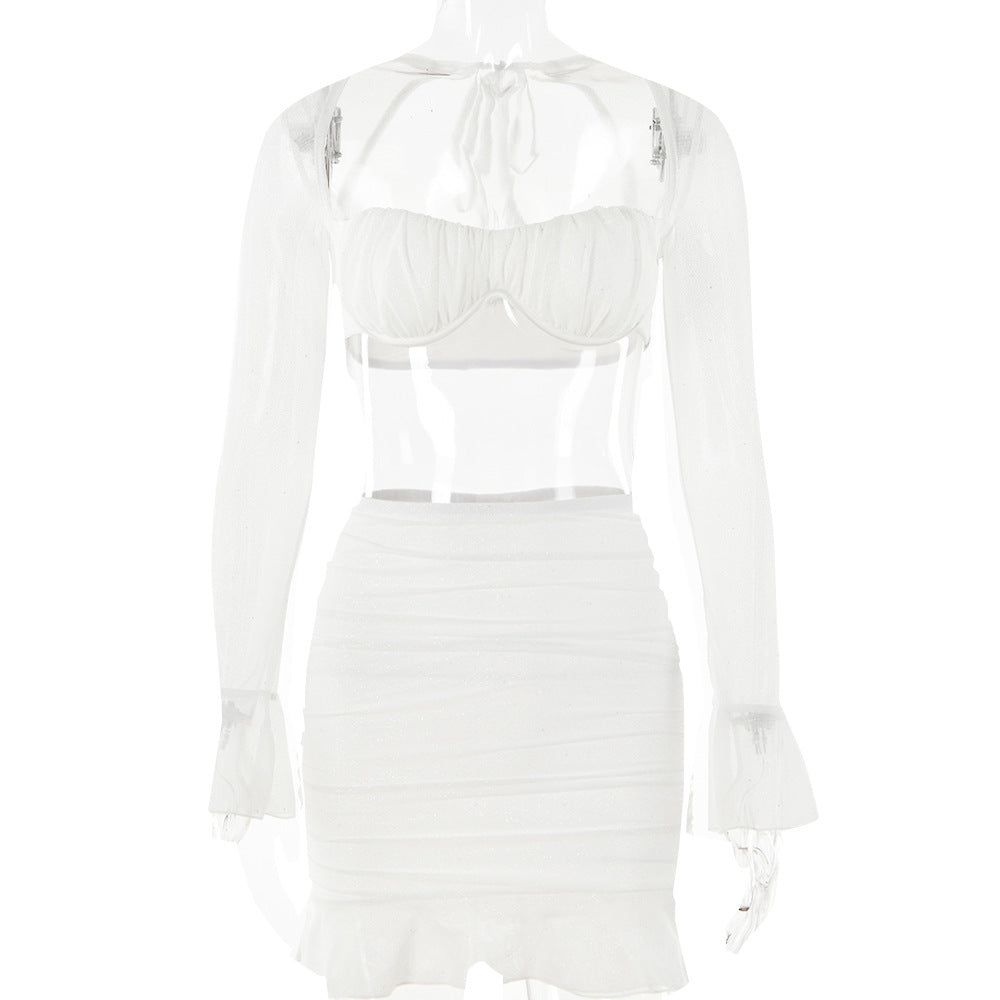 Square Collar Bell Sleeve Backless Sheath Skirt Outfit