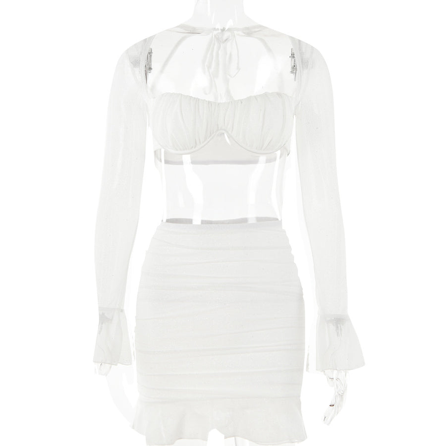 Square Collar Bell Sleeve Backless Sheath Skirt Outfit