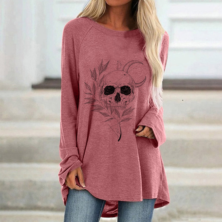 Skull Print Loose Long Sleeve Round Neck Top