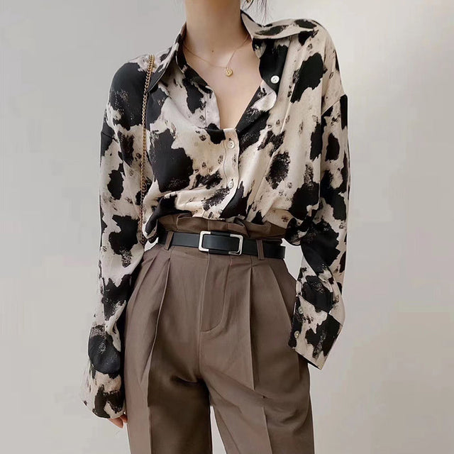 Cow Print Chiffon Shirt - Korean Fashion Spring Top