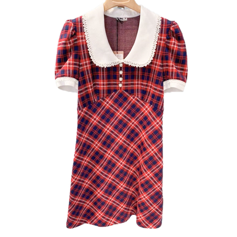 Red Doll Collar A-Line Dress with Puff Sleeves