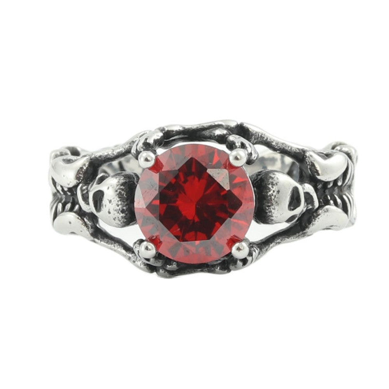 Vintage Skull Ring in Titanium Steel with Red Diamond