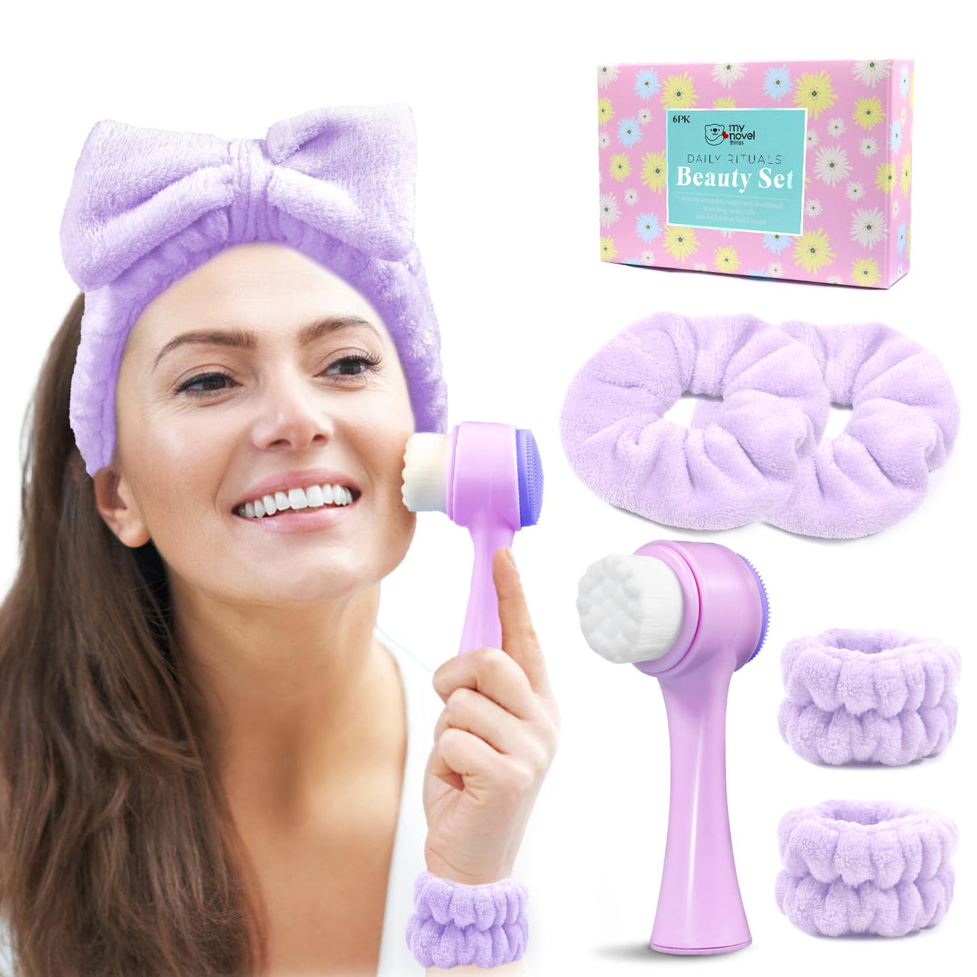 my novel things Spa Stirnband zum Waschen des Gesichts, Hautpflege-Stirnband- und Armband-Set, 2-in-1 Gesichtsreinigungsbürste, Hautpflege-Gesichtsbürste mit Haargummi zum Massieren, Make-up, Hautpflege – Lila