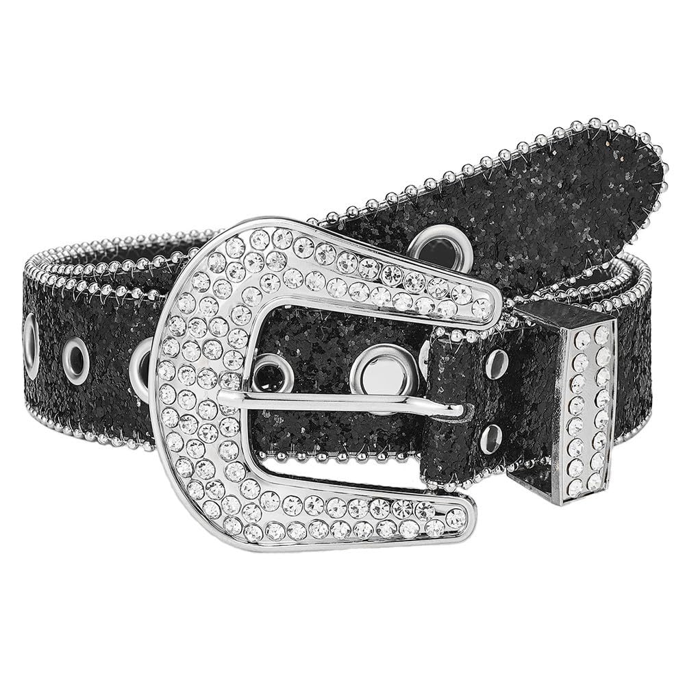 Black Rhinestone Belt for Men Women Belts Bling Western Cowgirl Cowboy Belts for Jeans Fit Waist 32-37 inch