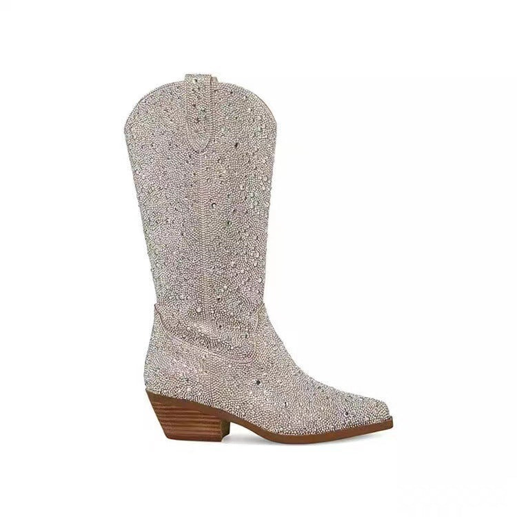 Western Style Rhinestone Knee-High Cowboy Boots