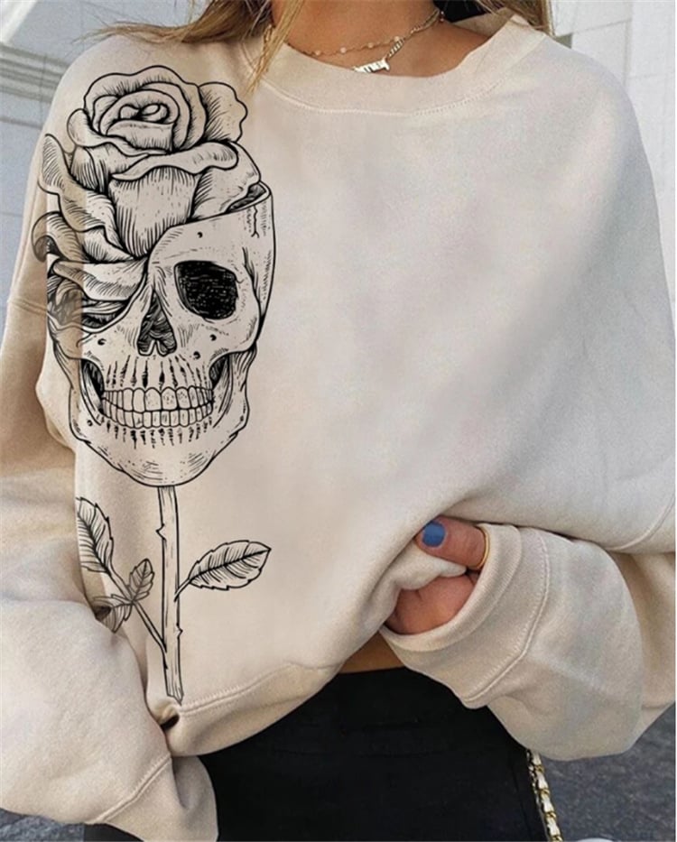 Skull Print Long Sleeve Round Neck Pullover