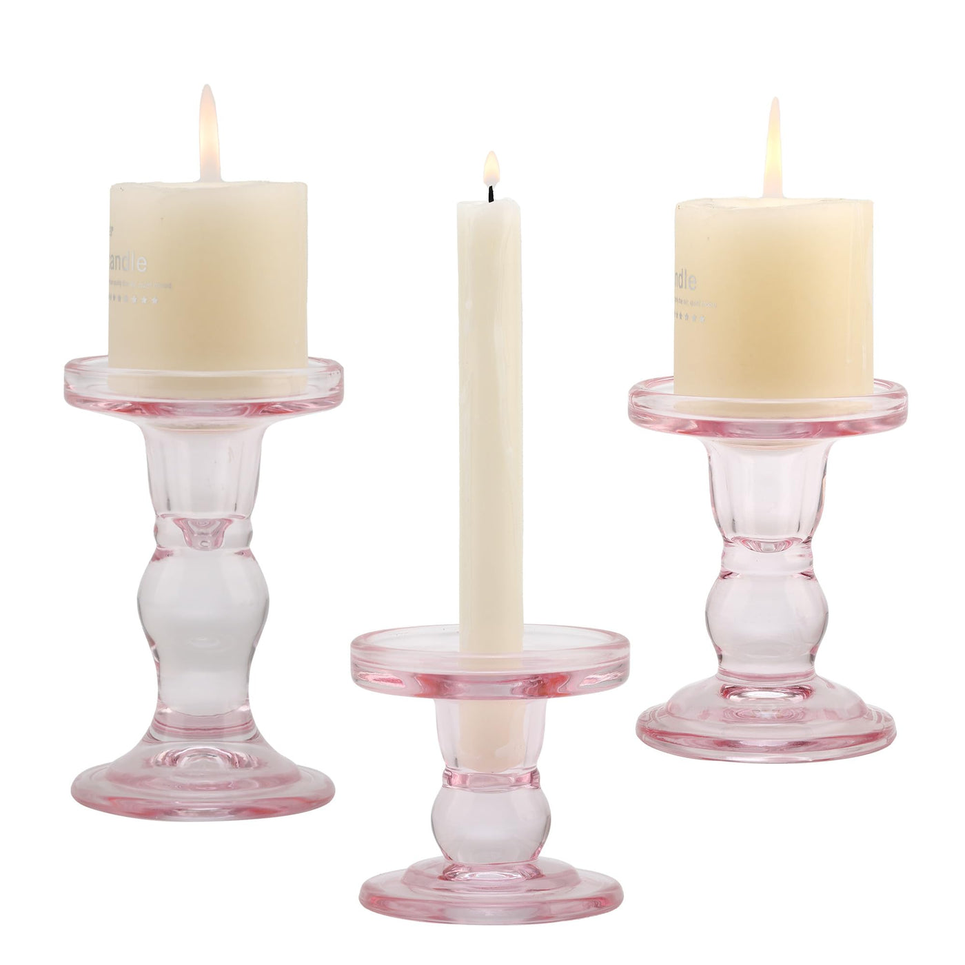 Pink Glass Candle Holder Set QENUIITEA Set of 3 Clear Candlesticks Holders Pillar Taper Candles Tea Light Stand for Centerpieces Church Wedding Party Home Decor Dining Table