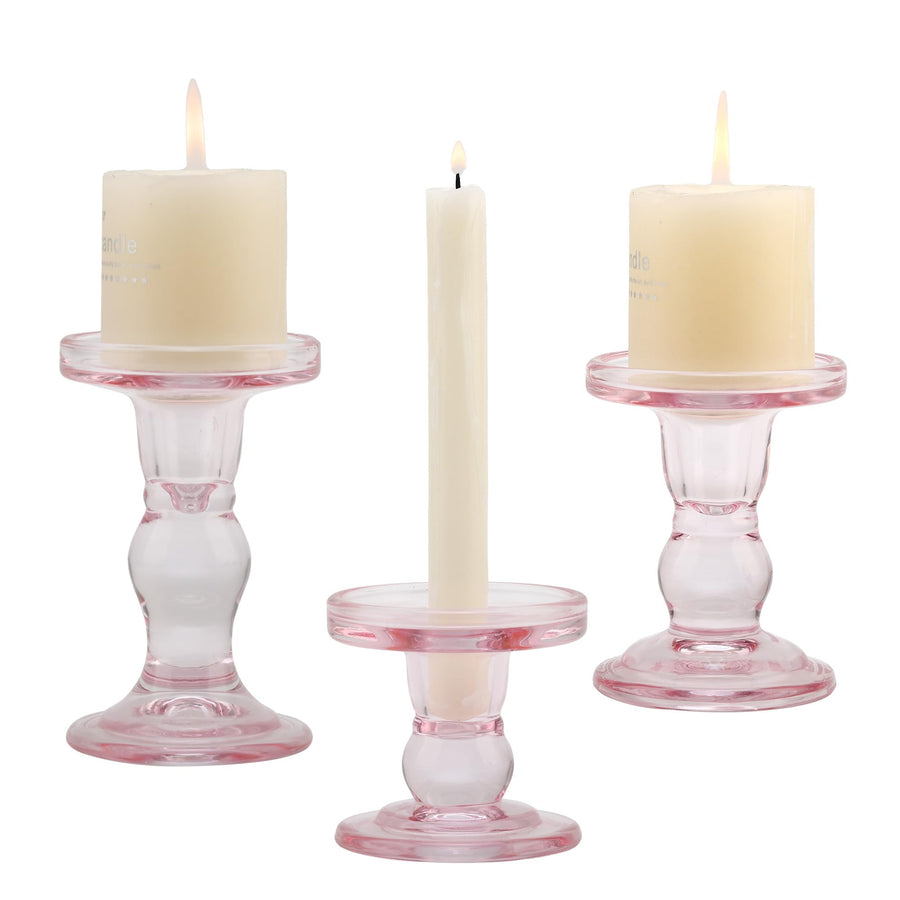 Pink Glass Candle Holder Set QENUIITEA Set of 3 Clear Candlesticks Holders Pillar Taper Candles Tea Light Stand for Centerpieces Church Wedding Party Home Decor Dining Table