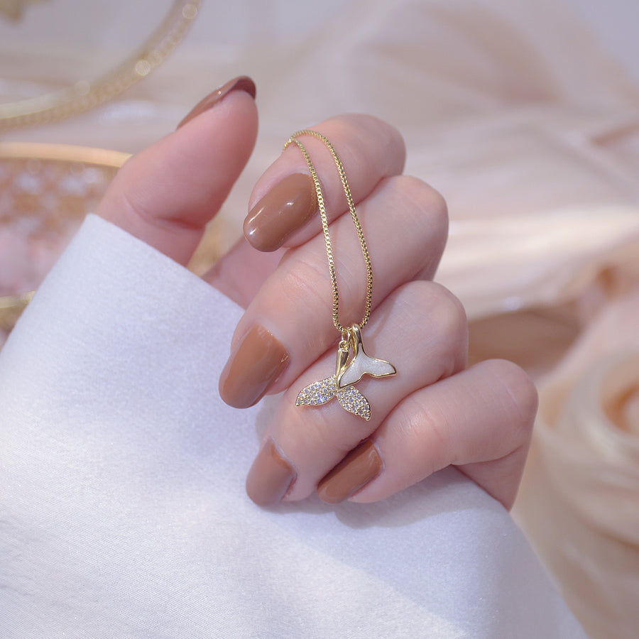 14K Gold Short Fish Tail Design Necklace with Zirconia