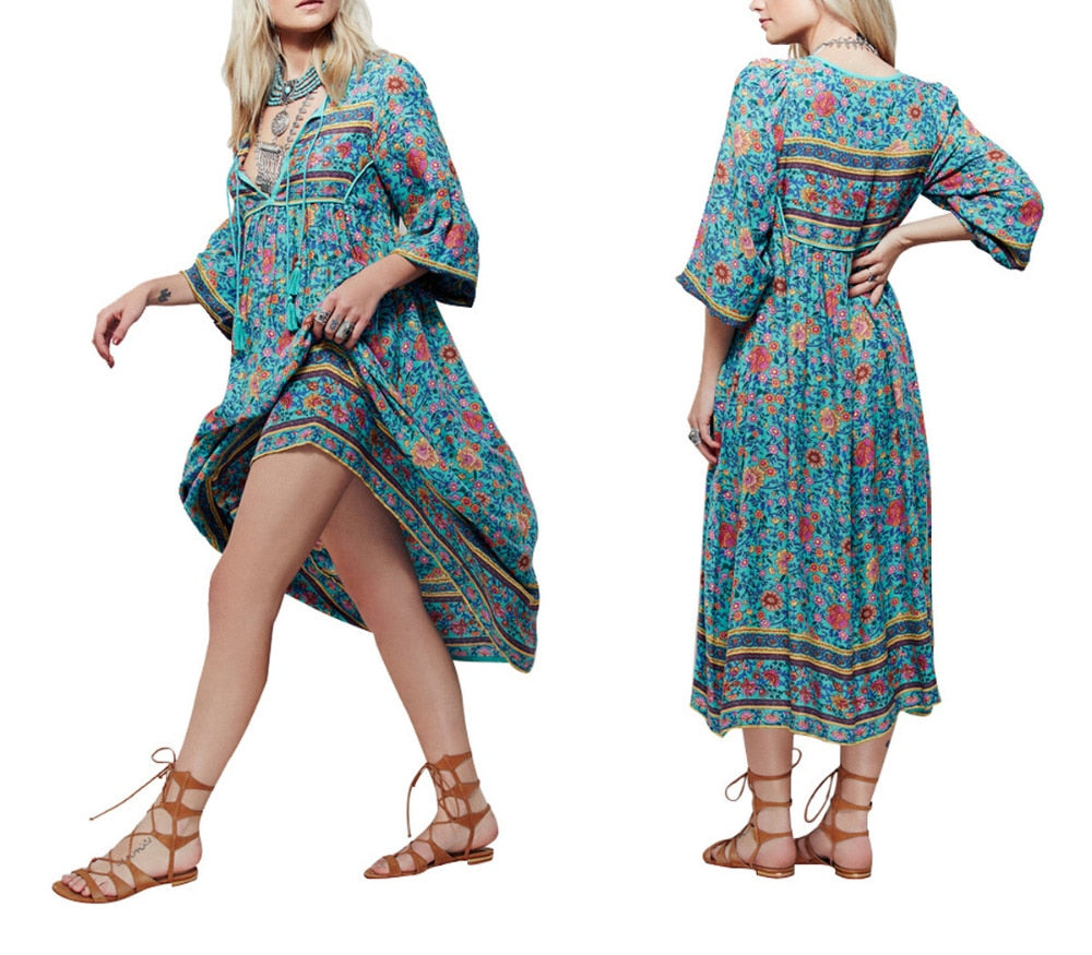 Bohemian Long Sleeve Fringe Irregular Print Dress
