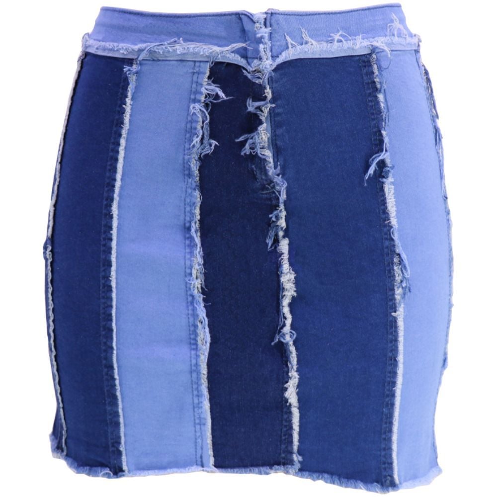 Washed Pleated Belt Denim Skirt with Patchwork Design