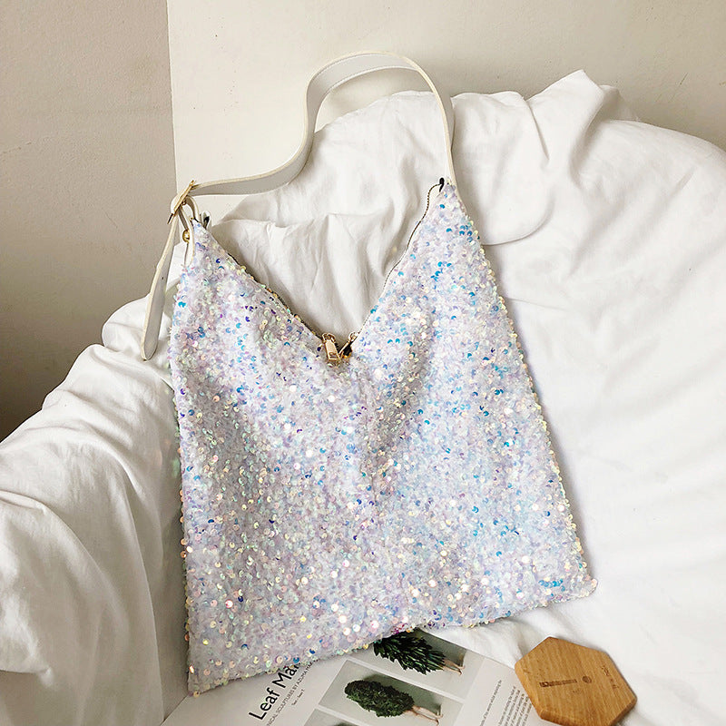 Fashion Trend Sequin Shoulder Bag in White, Blue, Black