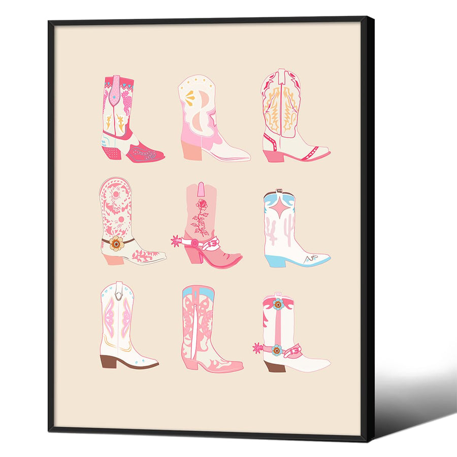 Vintage Coastal Cowgirl Wall Art Trendy Pastel Cowboy Boots Poster 08x10 inch Black Framed Western Pink Preppy Canvas Prints for Teenager Apartment Bedroom Wall Decor