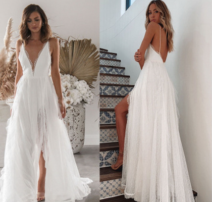 Elegant White Long Dress with Deep V-Neck (One Piece)