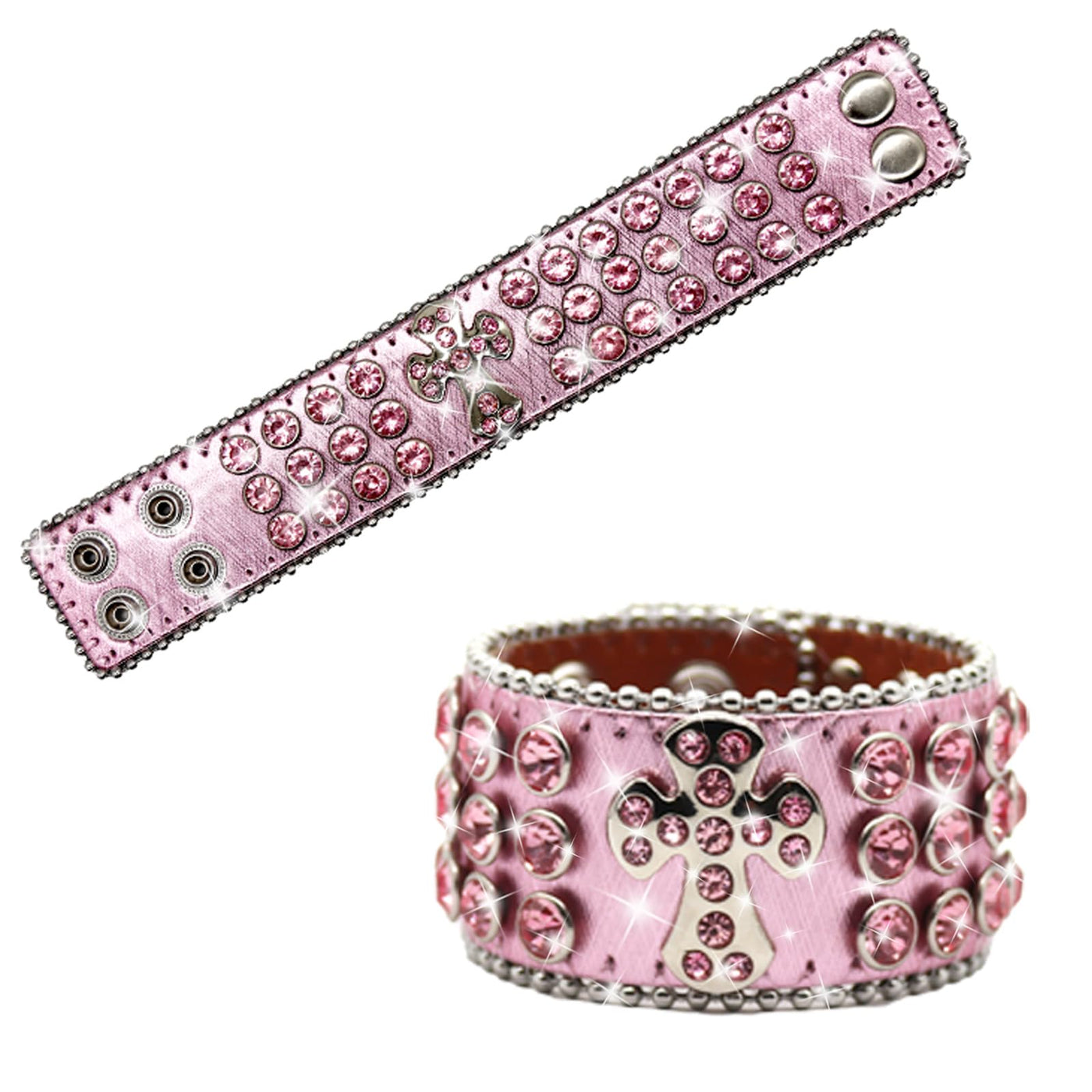 EVERBLTING Cross Rhinestone Bracelets For Men And Women Leather Cuff Bracelet For Women Punk Bracelet Studded Wristband Fashion Bracelet (Pink)