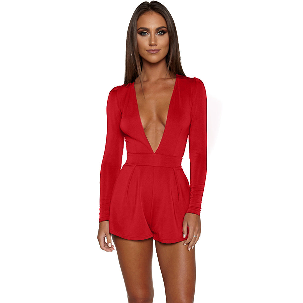 Sexy Long Sleeve Deep V Romper with Puff Sleeves