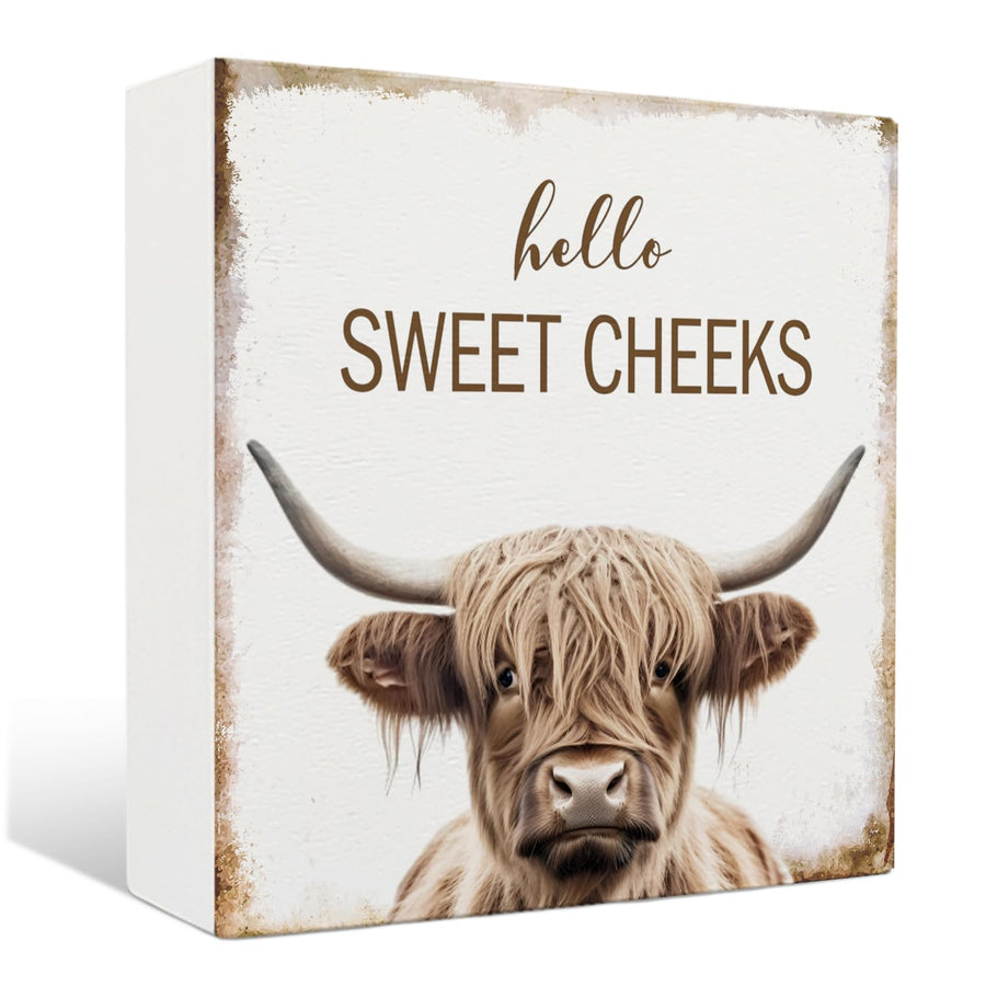 Nrleey Highland Cow Bathroom Decor - Hello Sweet Cheeks Bathroom Decor Rustic Western Bathroom Wood Sign Highland Cow Decor Western Bathroom Sign 5 X 5 Inches