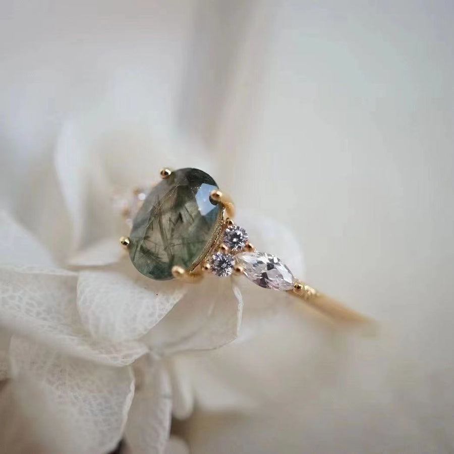 Green Quartz Rutilated Diamond Ring in Copper Material