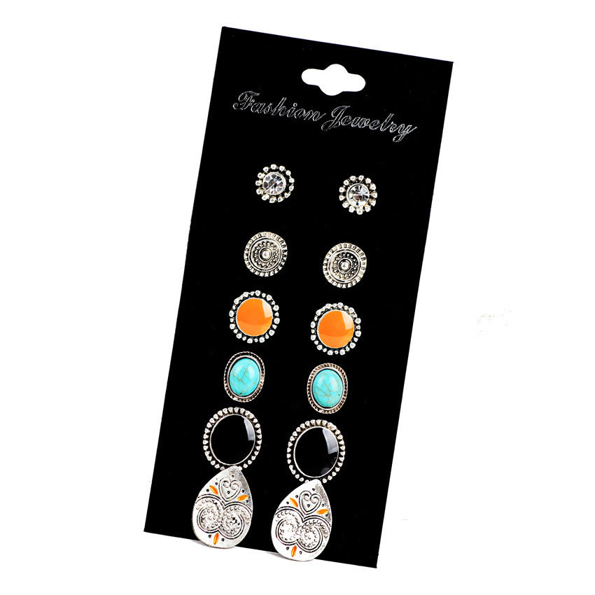 Vintage Gemstone Stud Earrings - 6 Pairs Bohemian Set