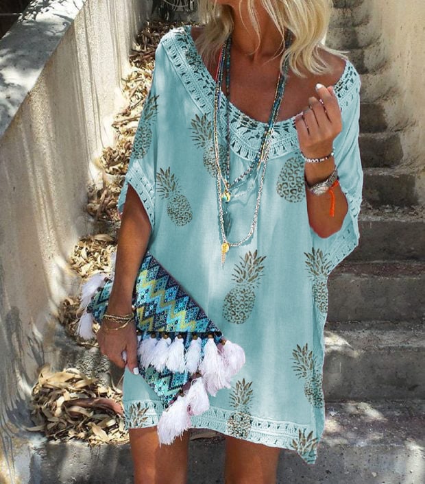 Summer V-neck Lace Stitching Printed Dress