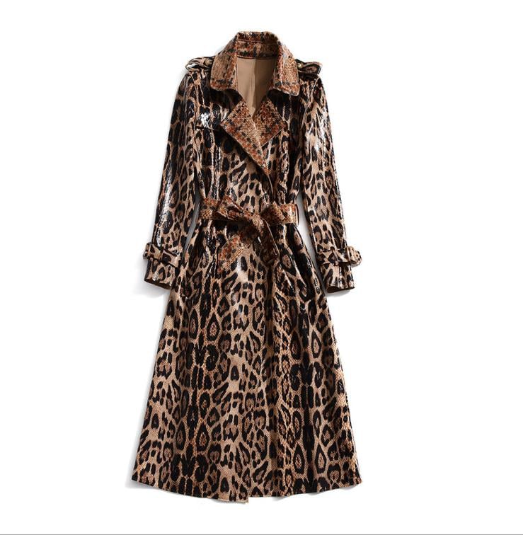 Leopardenmuster Glänzender Wildleder Trenchcoat zum Schnüren