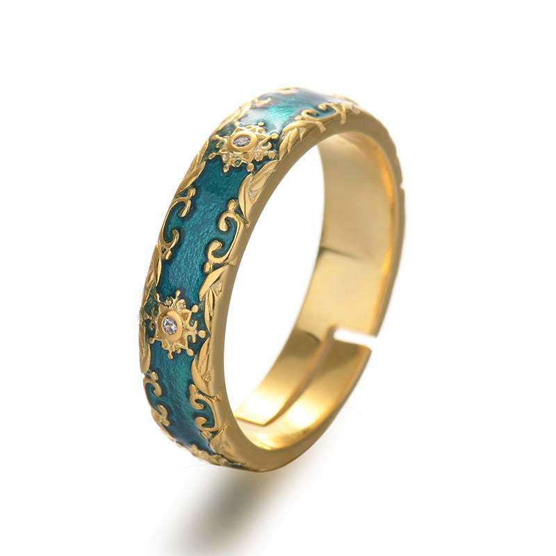 Peacock Green Zirconia Enamel Ring for Women
