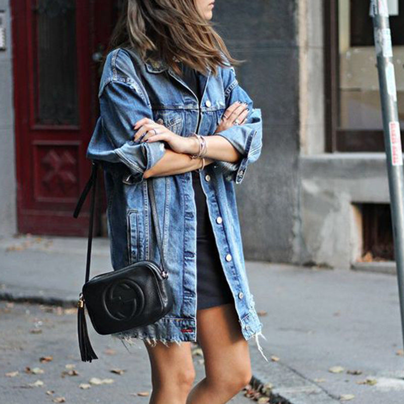 Women's Mid-Length Ripped Denim Jacket by WISH