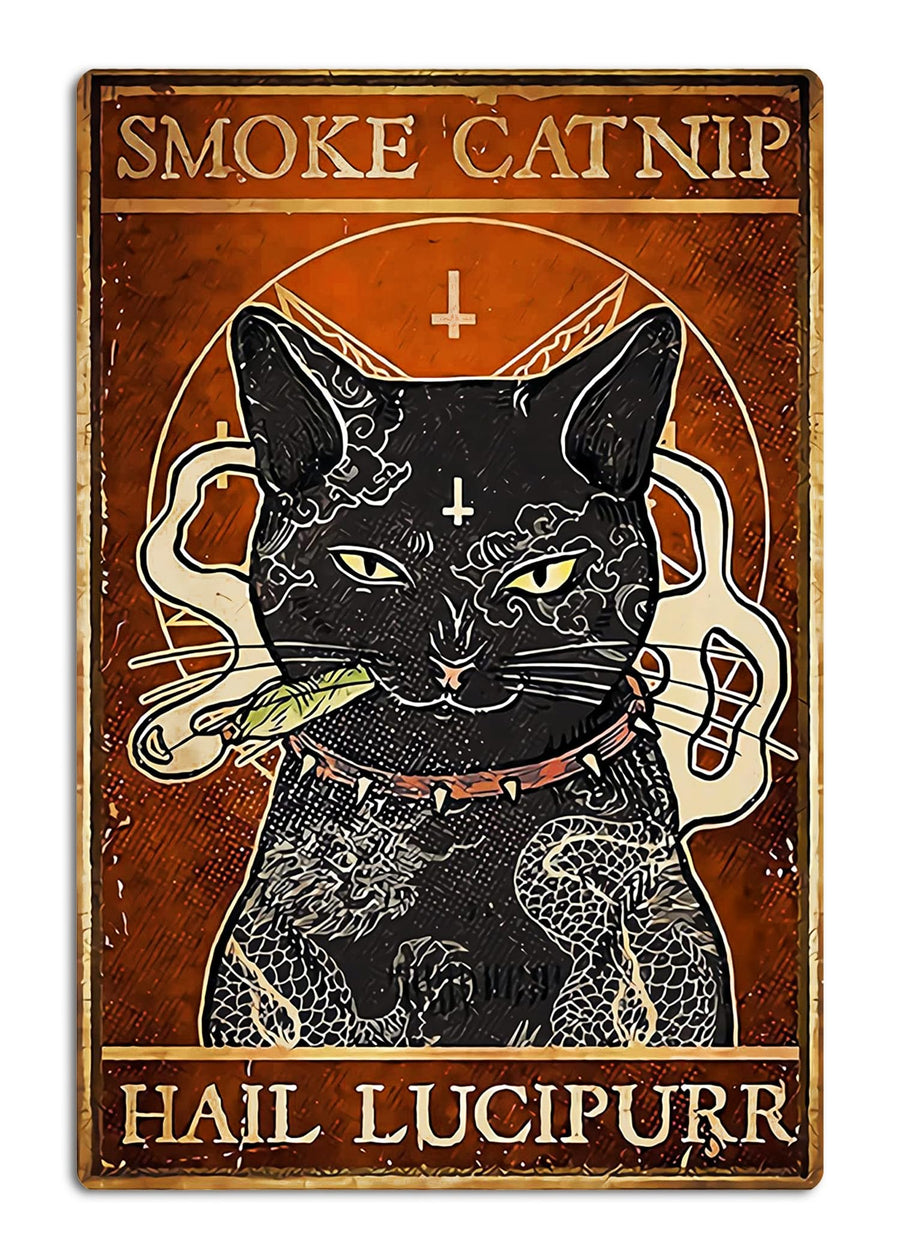 Retro Black Cat Wall Decor Funny Metal Sign 8x12 Inch Smoke Catnip Vintage Home Decor Cat Sign for Wall Decorations