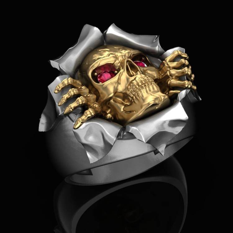 Men's Vintage Ghost Head Ring with Cracked Design