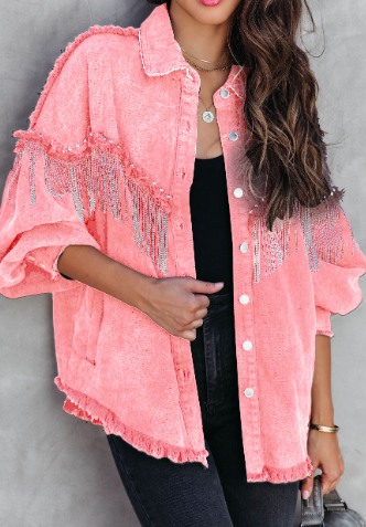 Fringe Denim Jacket with Chain and Studs (One Piece)