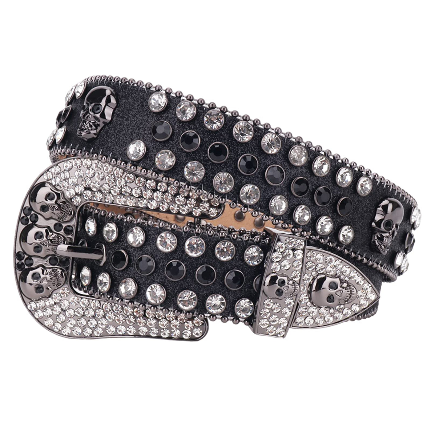 TINIDI Western Men Women Rhinestone Belts Bling Crystal Skulls Studded Diamond Leather Belt (44: fits waist from 32"-34" Black-White)