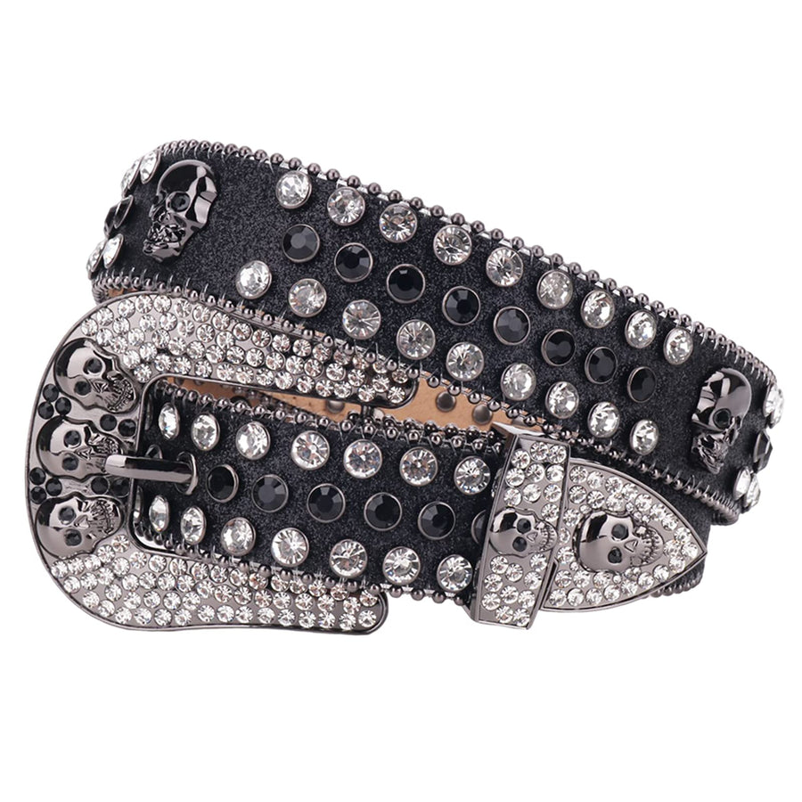 TINIDI Western Men Women Rhinestone Belts Bling Crystal Skulls Studded Diamond Leather Belt (44: fits waist from 32"-34" Black-White)