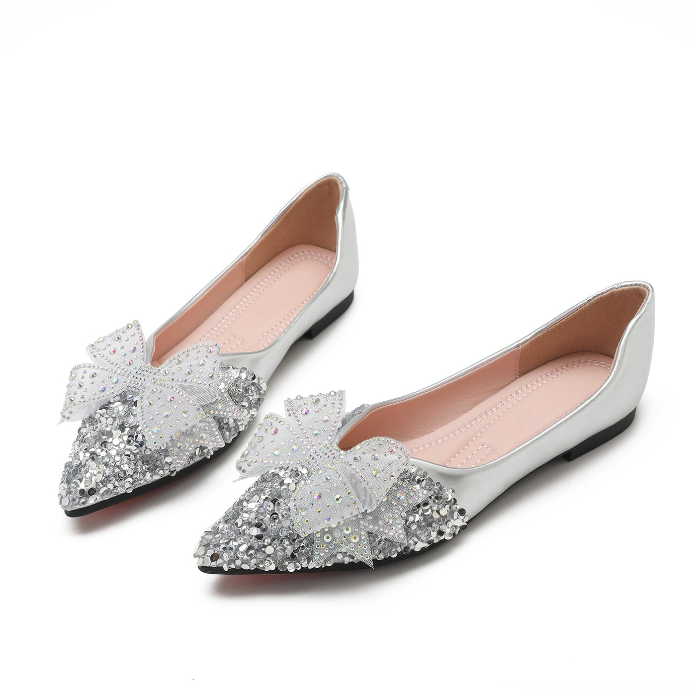 QXCGDYXT Silver Womens Rhinestone Flat Shoes Fashion Pointed Toe Bow Ballet Flats Wedding Flats for Women Comfortable Dress Shoes Size - 5.5